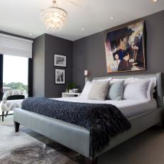 Sophisticated Gray Master Bedroom With Colorful Abstract Art