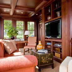 Craftsman Study with Coral Couch and Coffered Wooden Ceiling
