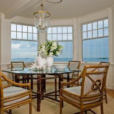Coastal White Breakfast Room With Bamboo Chairs