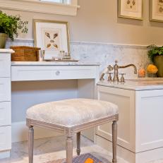 Master Bathroom Vanity With Marble Countertop and Seashell Art