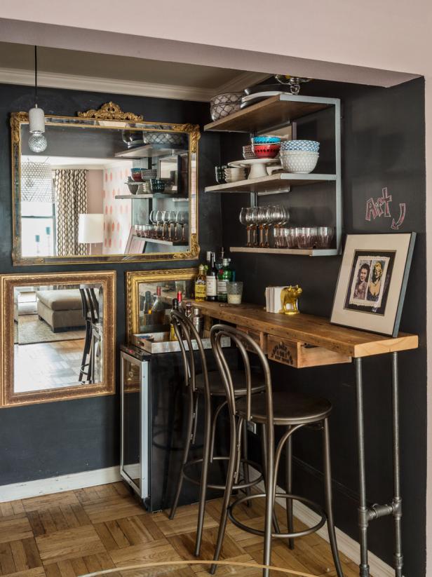 Rustic Bar Nook With Black Walls, Gold Mirrors and Open Shelving