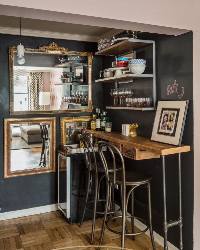 Rustic Bar Nook With Black Walls, Gold Mirrors and Open Shelving
