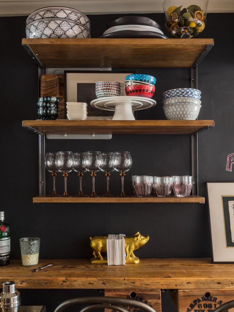 Rustic Wine Bar With Open Shelving for Glasses and Serving Pieces