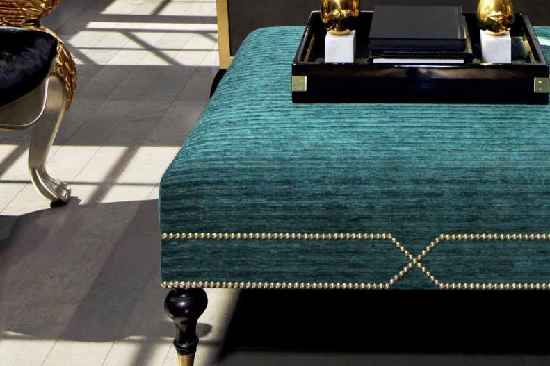 Teal Ottoman With Two Lines of Nailhead Trim