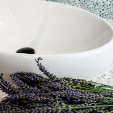 Glass Mosaic Backsplash With White Bathroom Vessel Sink