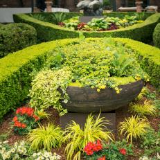 A Large Stone Bowl Overflows with Greenery in a Garden 