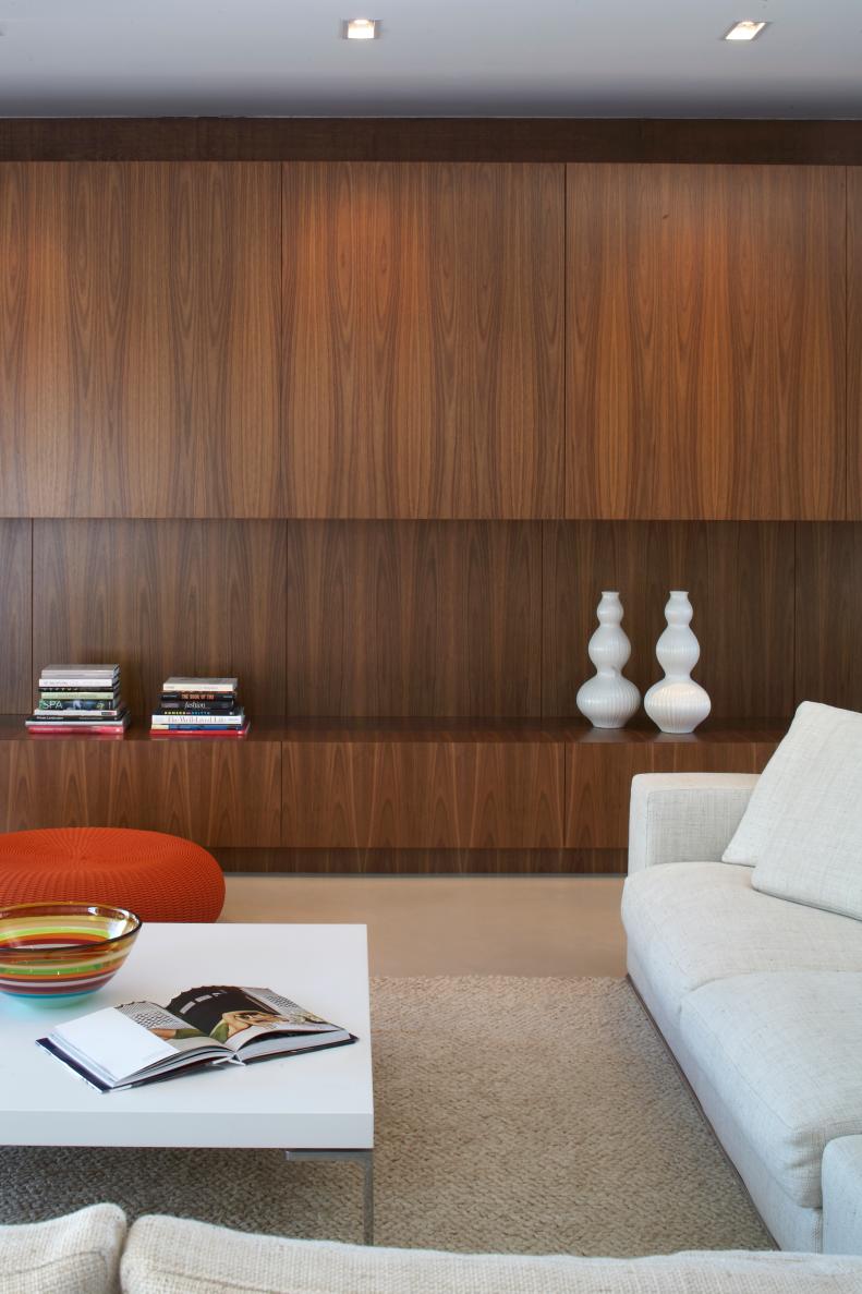 Midcentury Modern Living Space With Dark Wood Wall