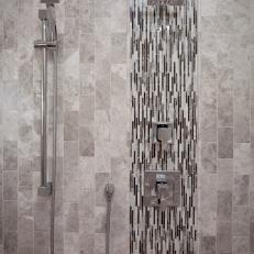 Modern Gray Shower With Vertical Black and White Tile Accent