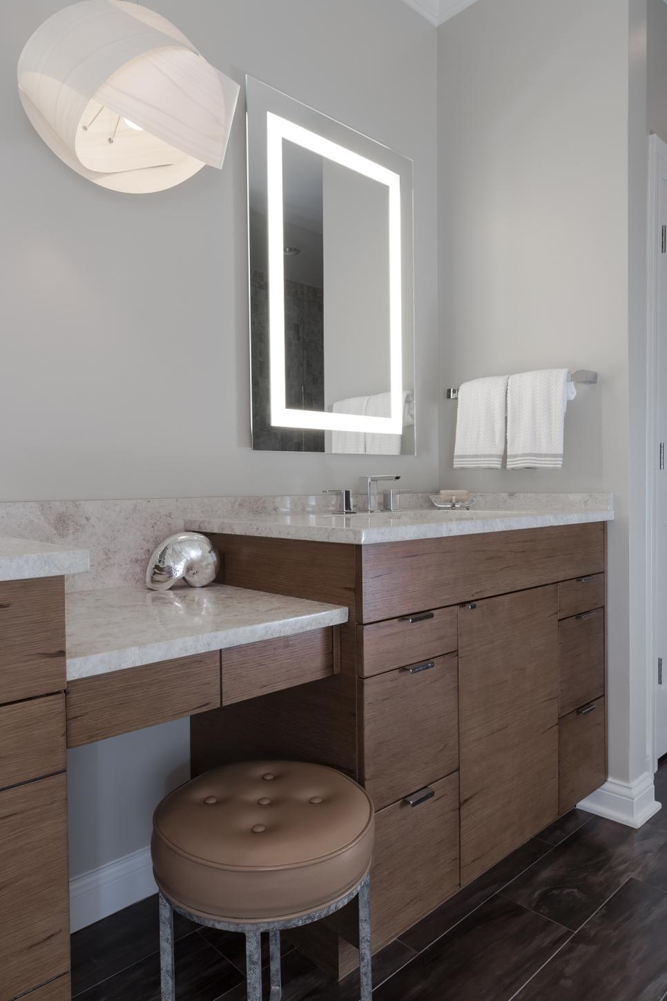 Master Bathroom with Sleek Wood Vanity and Stool | HGTV