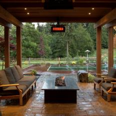 Transitional Covered Patio With Seating Area and Fire Pit