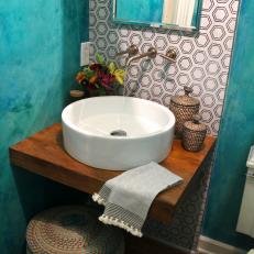 Teal Powder Room With Floating Wood Countertop