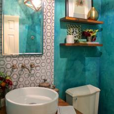 Teal Powder Room With Round Basin Sink and Hexagonal Tile