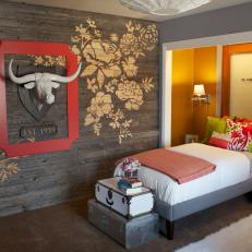 Transitional Guest Room With Floral-Patterned Wood Wall