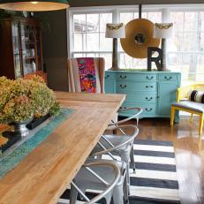 Charcoal Gray Dining Room With Colorful Furnishings