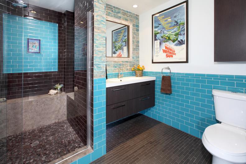Blue Midcentury Modern Bathroom With Dark Brown Vanity