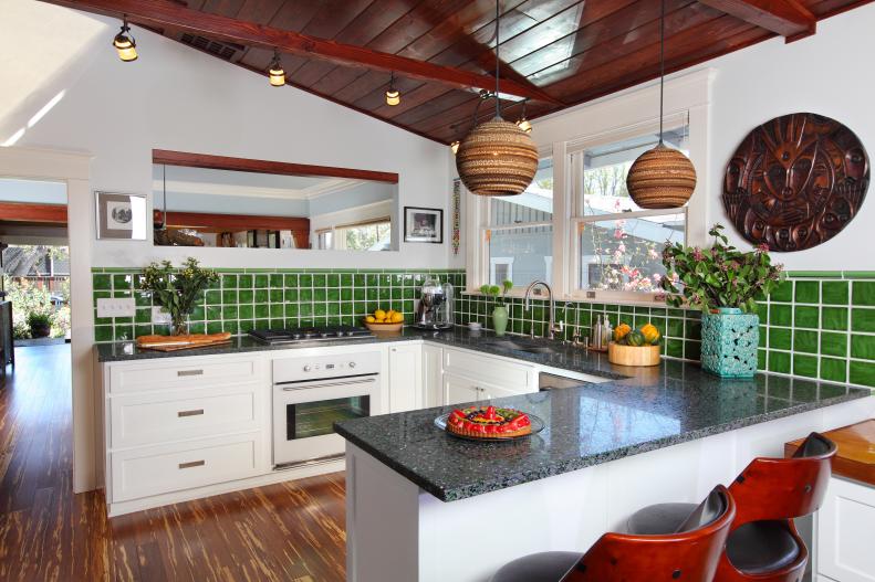 White Eclectic Kitchen With Green Tile Backsplash