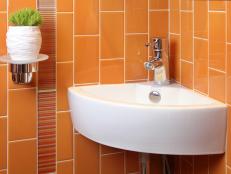 Mounted Sink in Orange Midcentury Modern Bathroom
