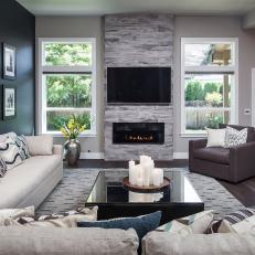 Stone Fireplace in Gray, Modern Living Room
