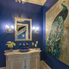 Traditional Blue Powder Room With Oversized Painting 
