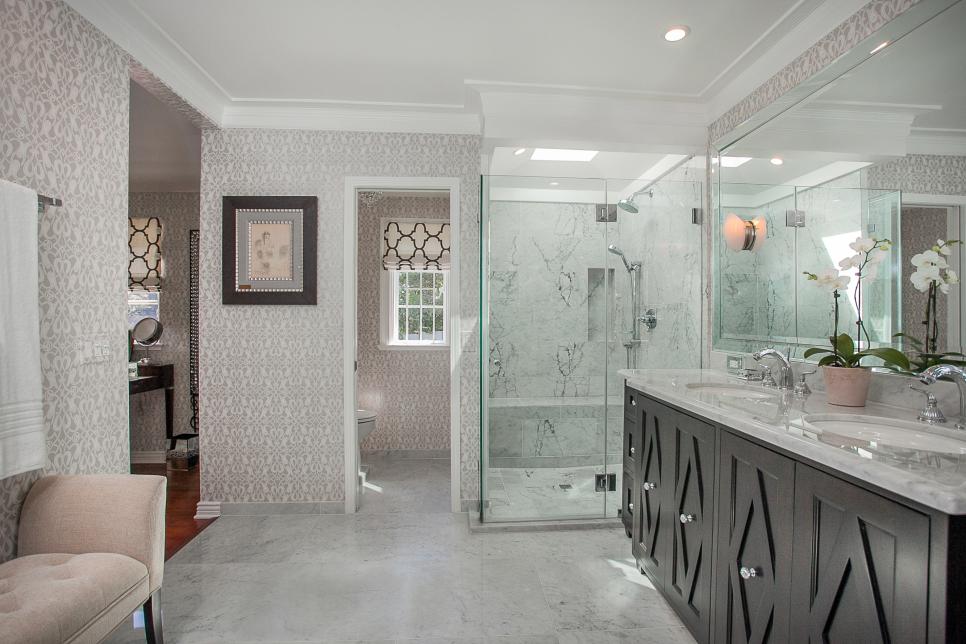 Gray and White Master Bathroom With Marble Accents
