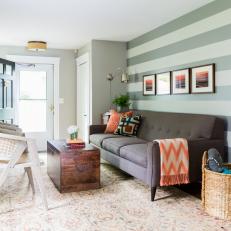 Transitional Living Room With Green-Striped Focal Wall