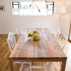 Simple, Clean White Dining Room With Wood Dining Table