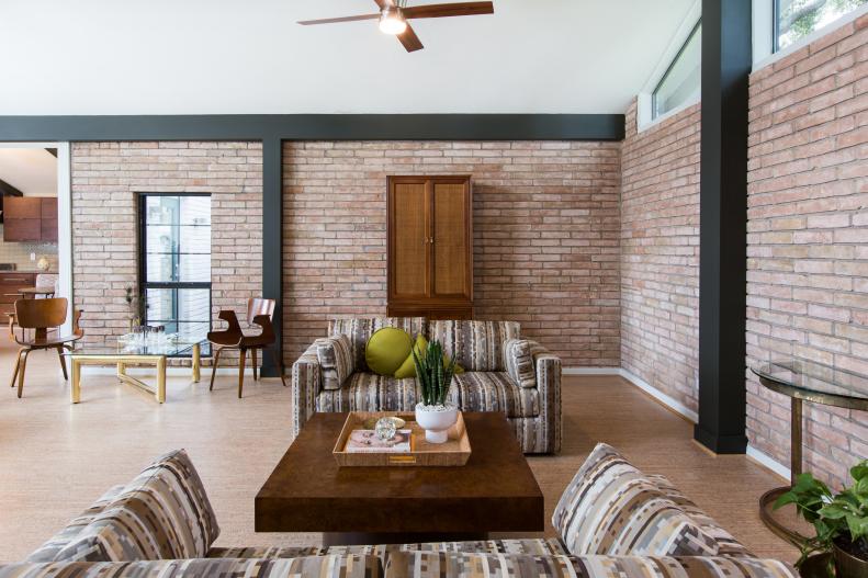 Corner of Living Room With Exposed Brick, Facing Sofas