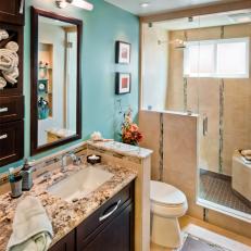 Contemporary Bathroom With Dark Wood Vanity and Turquoise Wall
