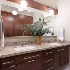 Chic Midcentury Modern Bathroom Boasts Brown Cabinetry