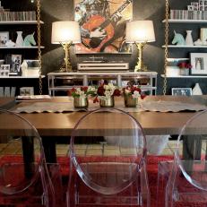 Eclectic Dining Room With Long Crystal Chandelier