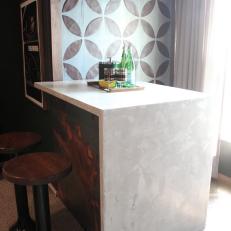 Marble-Topped Bar in Midcentury-Modern Living Room