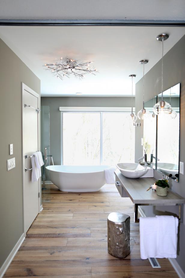 Modern Gray Bathroom With Hardwood Floors | HGTV