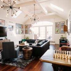 Eclectic Game Room With Large Sectional