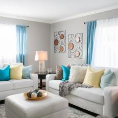 Contemporary Neutral Living Room With Aqua And Gold Accents