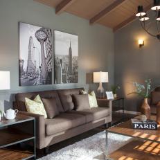 Contemporary Gray Living Room With Vaulted Ceiling