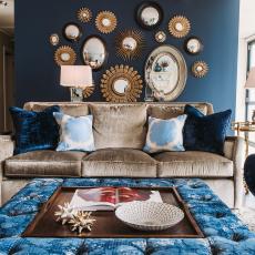 Eclectic Blue Living Room With Velvet Sofa and Chair