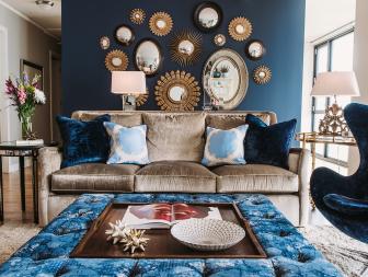 Eclectic Living Room With Custom Ottoman and Velvet Sofa and Chair