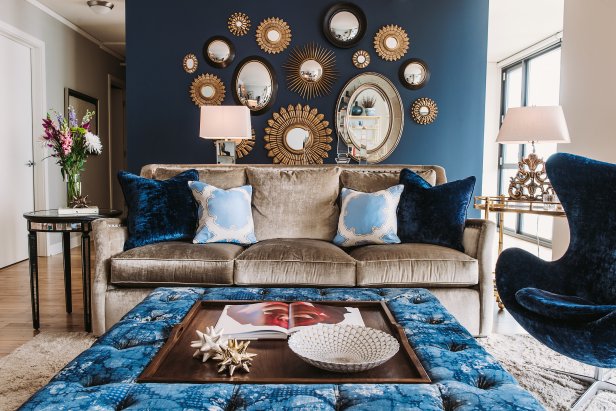 Eclectic Living Room With Custom Ottoman and Velvet Sofa and Chair