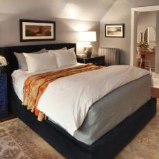 Transitional Gray Master Bedroom With Blue Accents