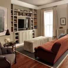 Neutral Traditional Living Room With Built-In Bookcases