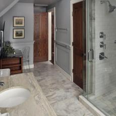 Neutral Transitional Spa-Style Bathroom With Walk-In Shower