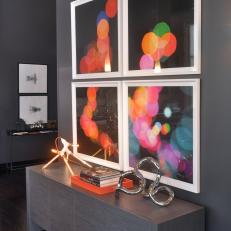 Gray Contemporary Entryway Nook With Colorful Artwork