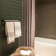 Transitional Green Bathroom with Neutral Shower Tile