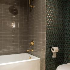 Green Transitional Bathroom With Rainfall Showerhead 