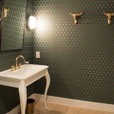 Transitional Bathroom With Green Geometric Wallpaper
