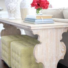 Whitewashed Console Table & Tufted Cube Ottomans