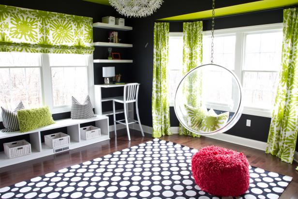 Teen Living Space With Chalkboard-Painted Walls and Green Accents