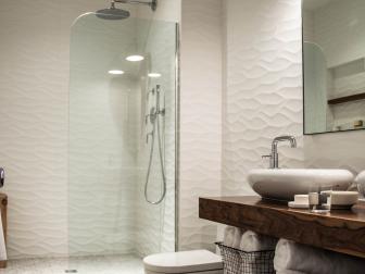 White Modern Bathroom With Custom Wood Vanity and Walk-In Shower