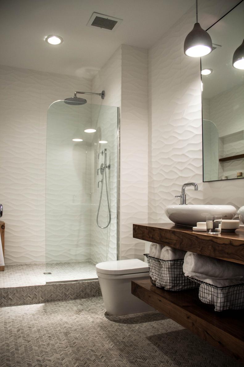 White Modern Bathroom With Custom Wood Vanity and Walk-In Shower