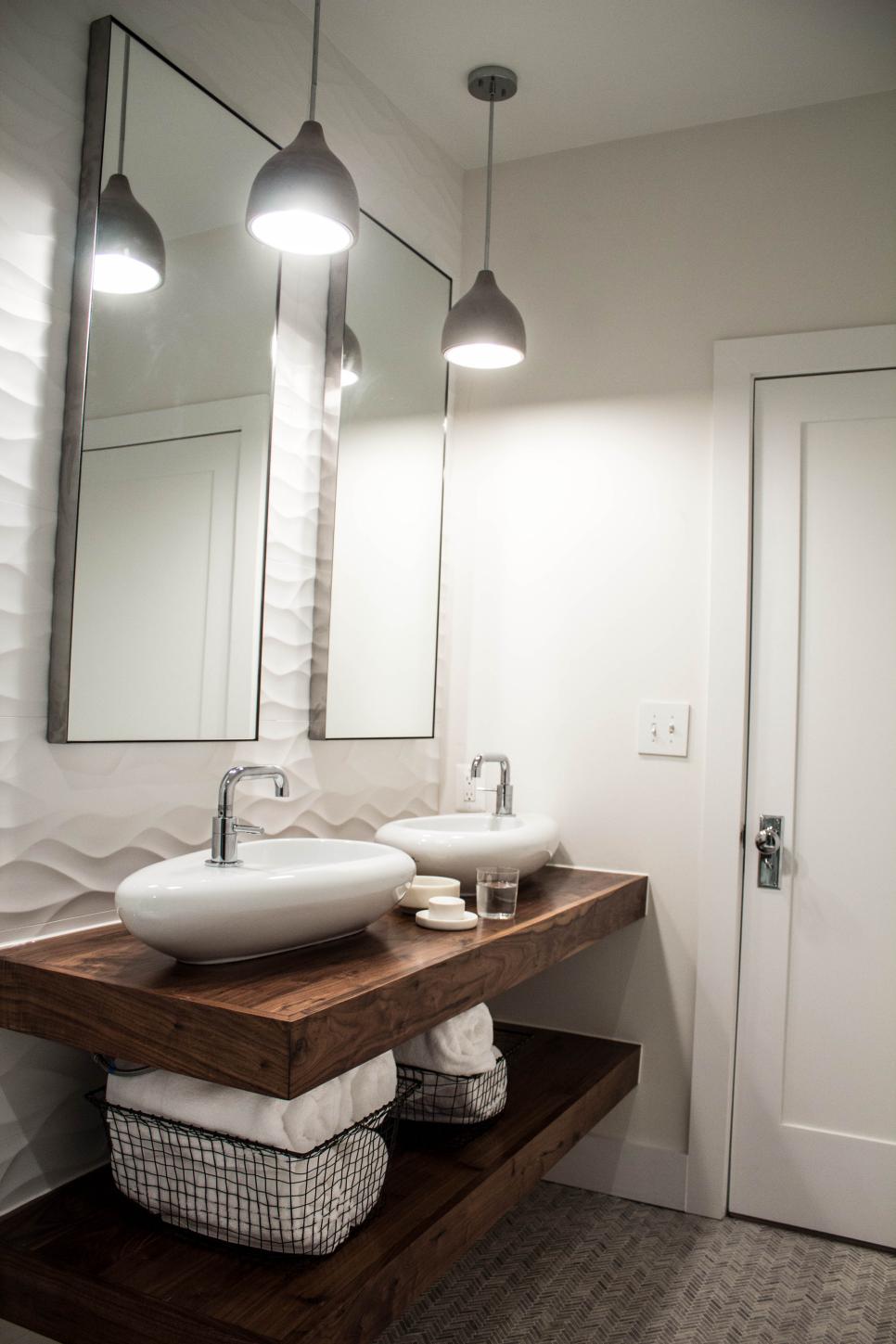 Floating Wood Double Vanity Adds Interest In White Modern Bathroom